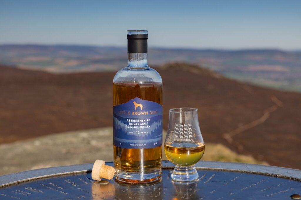 Flaska och whiskyglas över höglandslandskapet